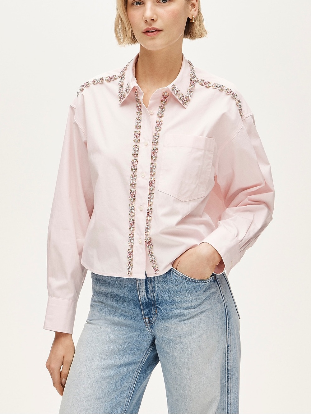 NWT J. crew Étienne cropped button-up shirt Pink embellished cotton poplin Sz S